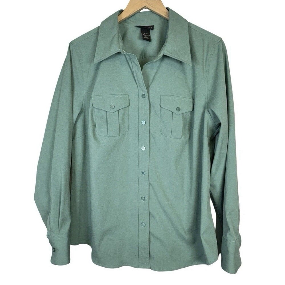 Lane Bryant Green Stretch Pocket Button Up Long Sleeve Blouse Top Size 14/16 New - Picture 3 of 8